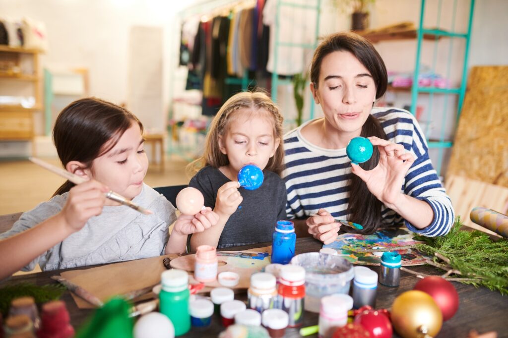 Kids Girls Making Christmas Ornaments